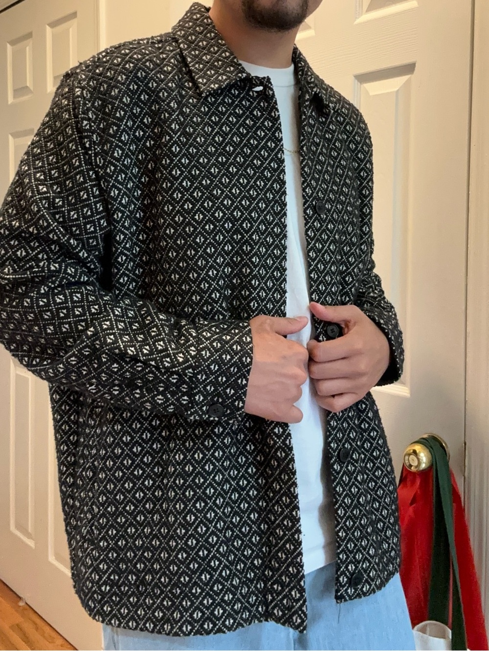 NEXT Black and White Diamond-Print Button Shirt Jacket